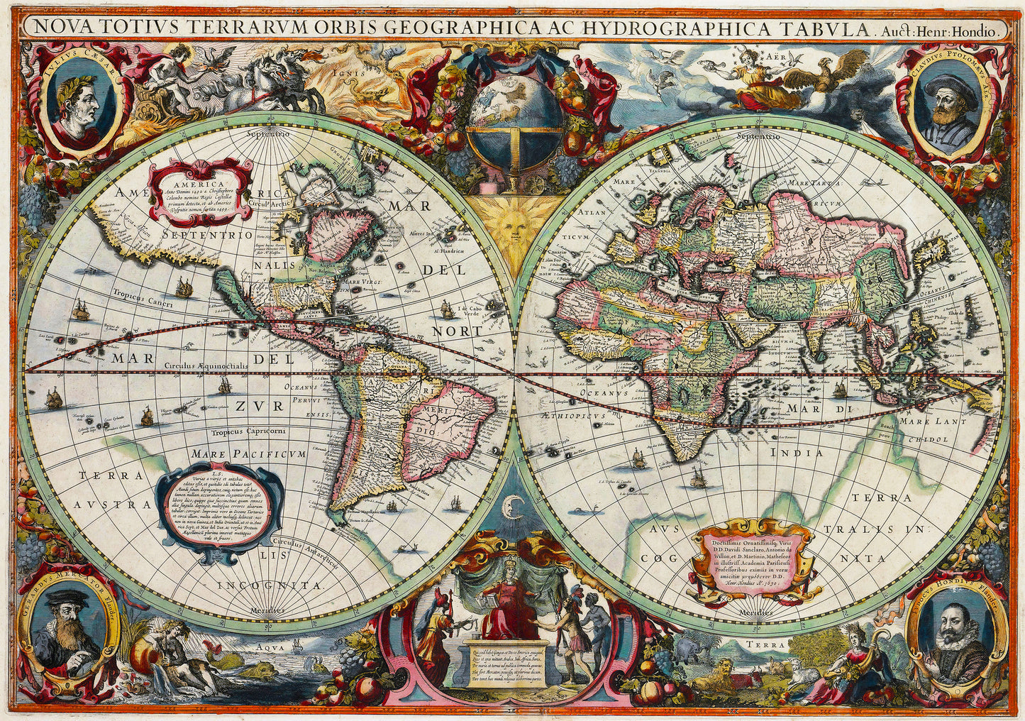 Antique Map of the World – 1630 Hondius Double Hemisphere Reproduction Wall Art High quality print