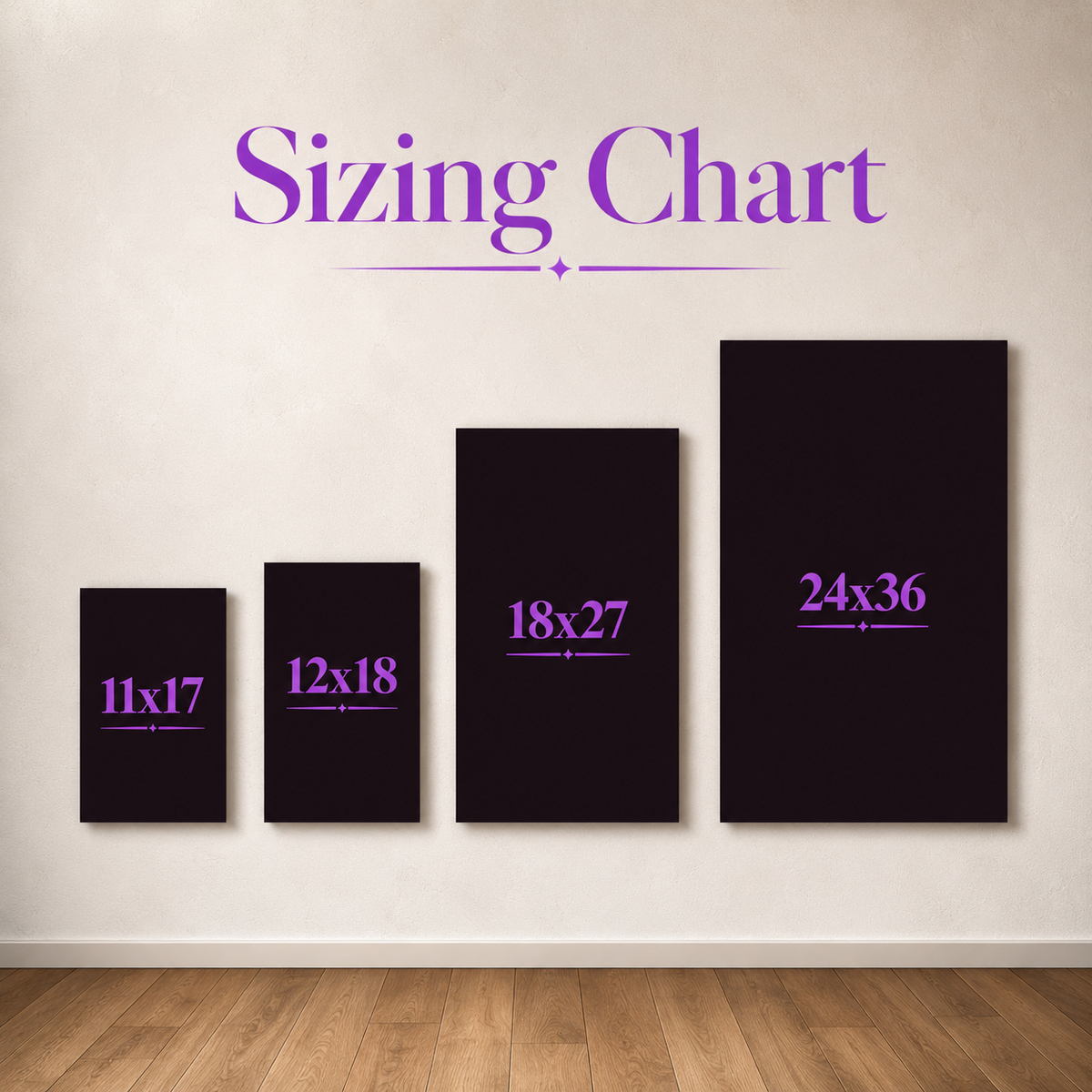 Sizing chart comparing 11x17, 12x18, 18x27 and 24x36 inch poster print sizes