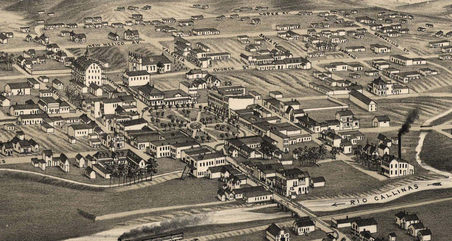 Las Vegas, New Mexico Map (1882) – Vintage Birds Eye View Illustrated City Map Reproduction Wall Art Print (Historic Cartography)