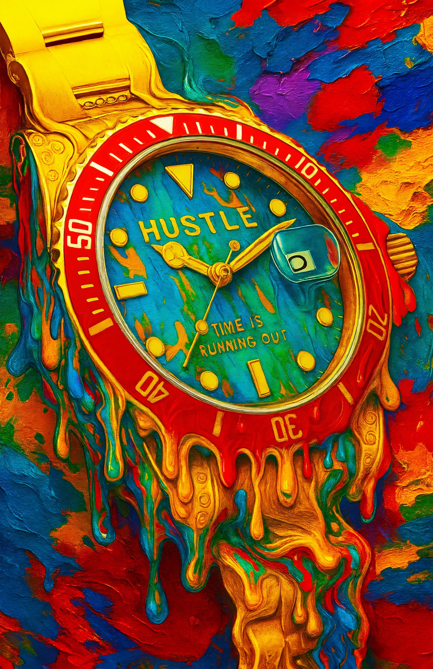 Time Is Running Out Melting Watch Poster – Hustle & Motivation Surreal Wall Art for Office, Home, or Gym