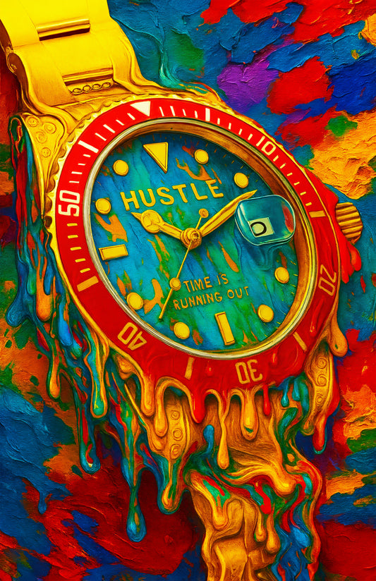 Time Is Running Out Melting Watch Poster – Hustle & Motivation Surreal Wall Art for Office, Home, or Gym