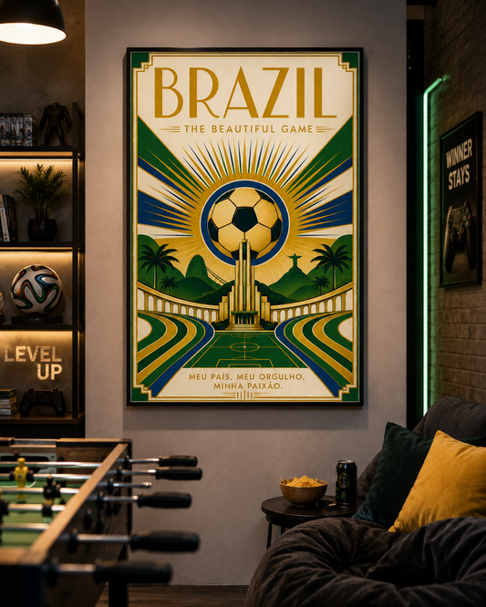 Brazil — The Beautiful Game | Art Deco Soccer Poster Futbol Football Sports Wall Art Athletic Brazilian