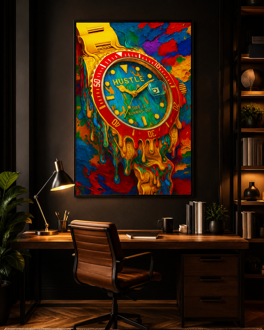 Time Is Running Out Melting Watch Poster – Hustle & Motivation Surreal Wall Art for Office, Home, or Gym