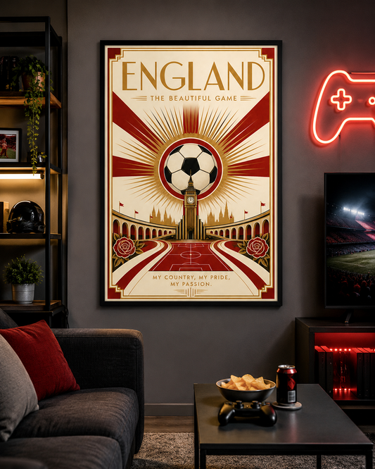 England — The Beautiful Game | Art Deco Soccer Poster Futbol Football Sports Wall Art Athletic English