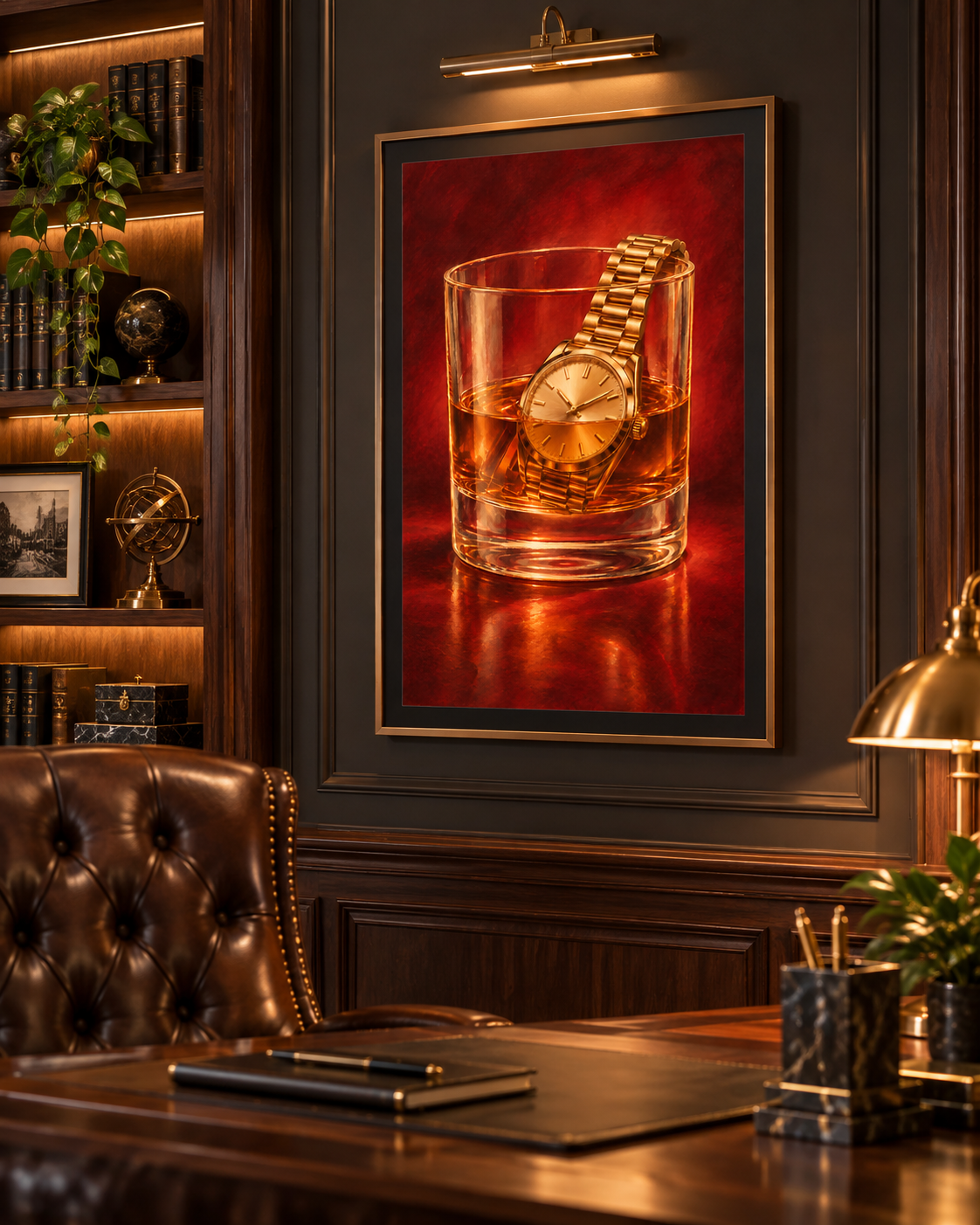 Vintage Gold Watch in Whiskey Glass Poster – Retro Bar & Nightclub Wall Art Print