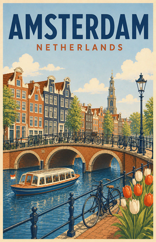 Amsterdam Netherlands retro travel poster with historic canal houses, brick bridge, bicycles, tulips and boat