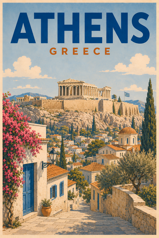 Athens Greece vintage retro travel poster showing Parthenon on the Acropolis, picturesque Plaka streets, and pink flowers