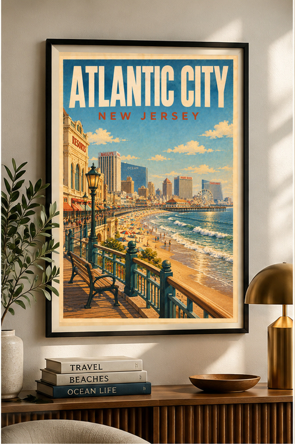 Atlantic City New Jersey travel poster in a black frame above a wood console in a sunny room; frame not included