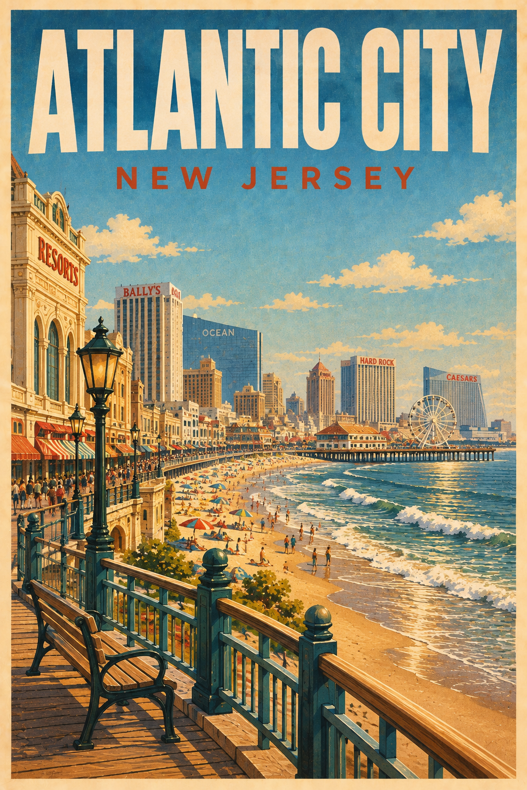 Atlantic City New Jersey retro travel poster with boardwalk beach skyline and Atlantic Ocean