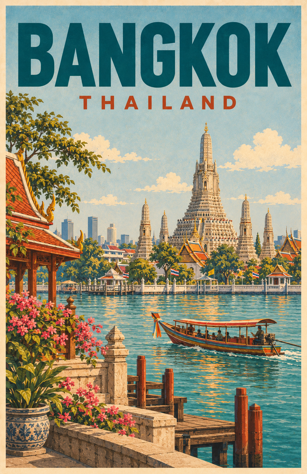 Bangkok Thailand vintage retro travel poster with Wat Arun Temple, traditional Thai architecture, Chao Phraya River, floral waterfront and longtail boat