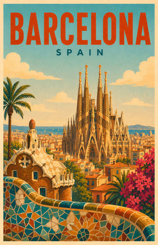 Barcelona Spain retro travel poster with Sagrada Familia, Park Guell mosaic terrace, city skyline and palms