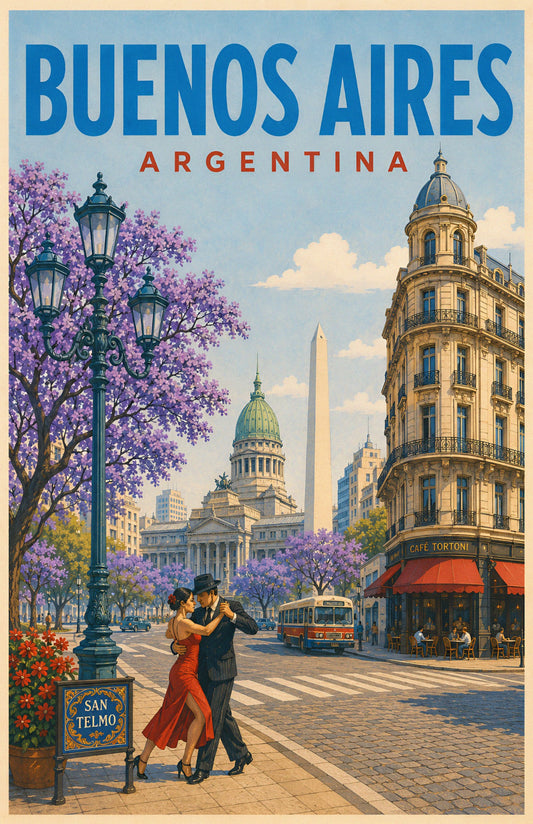 Buenos Aires Argentina vintage retro travel poster with tango couple, jacaranda trees, city architecture and Obelisk