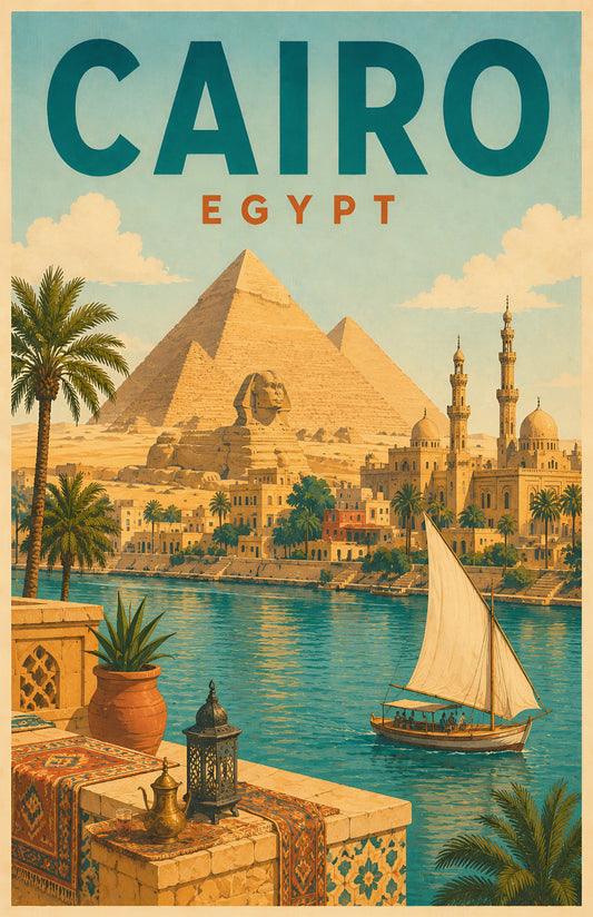 Cairo Egypt vintage travel poster with pyramids of Giza, Great Sphinx, mosque, Nile sailboat and palm trees