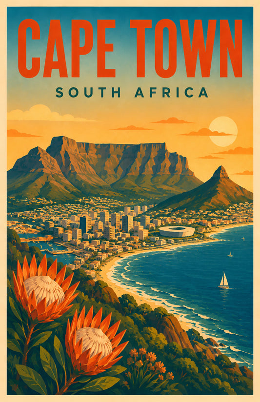 Cape Town South Africa vintage retro travel poster with Table Mountain, Lion's Head, Atlantic coastline, stadium, and protea flowers