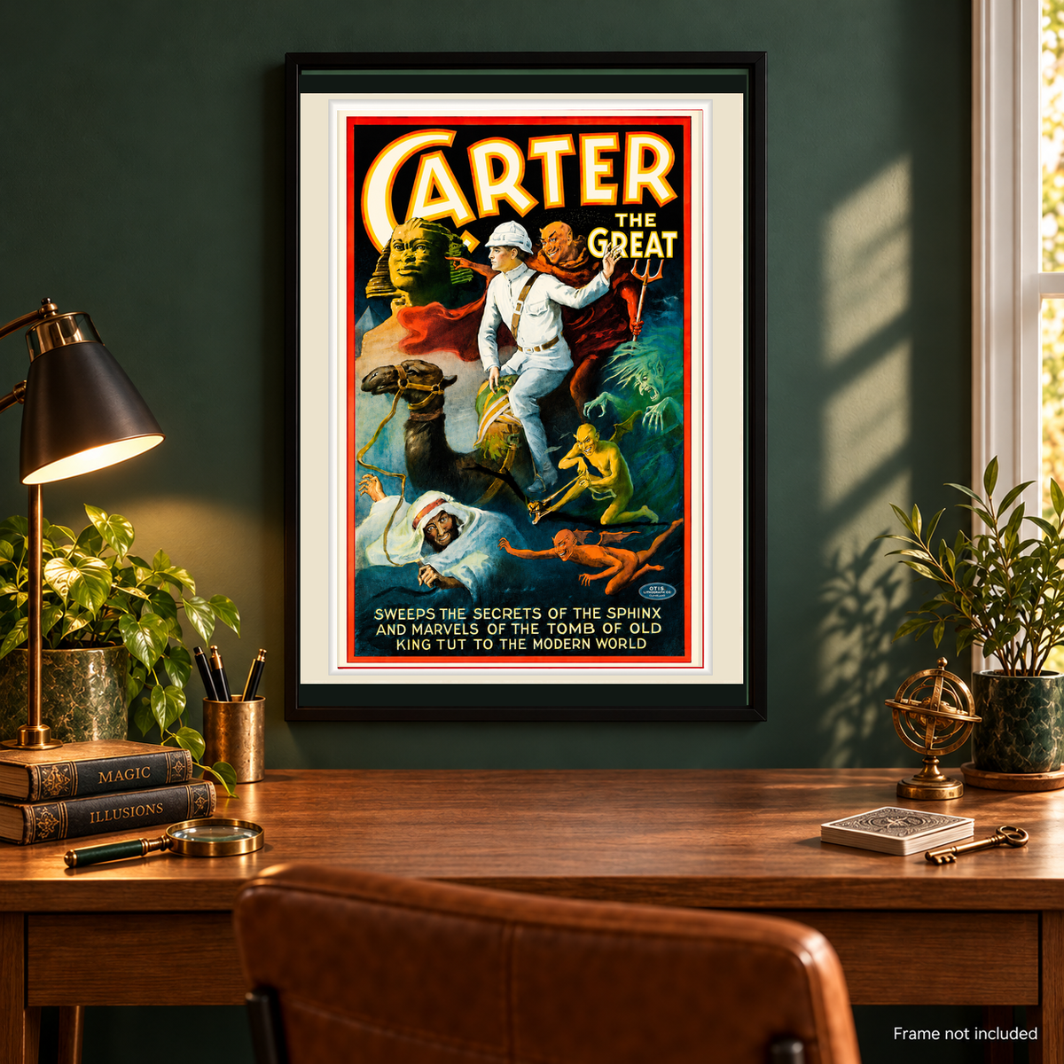 Carter the Great King Tut vintage poster framed above wood desk with green wall, classic magic books, playing cards and brass accessories; frame not included