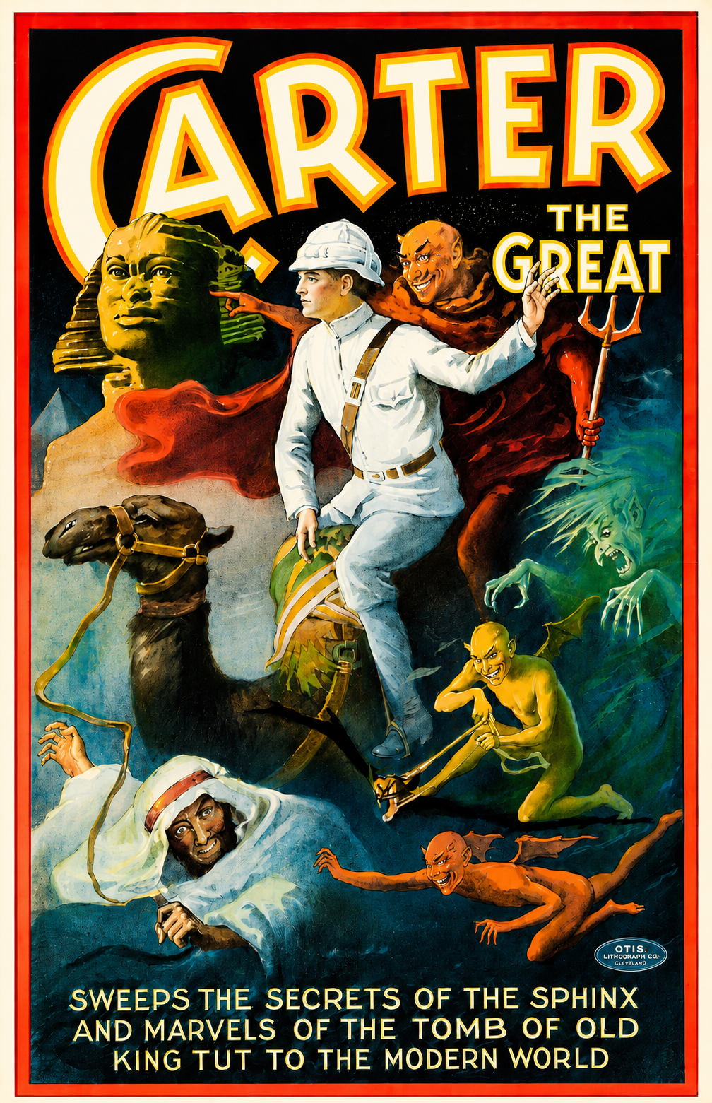 Original Carter the Great King Tut Secrets of the Sphinx vintage Egyptian magic poster featuring camel, Sphinx and supernatural creatures