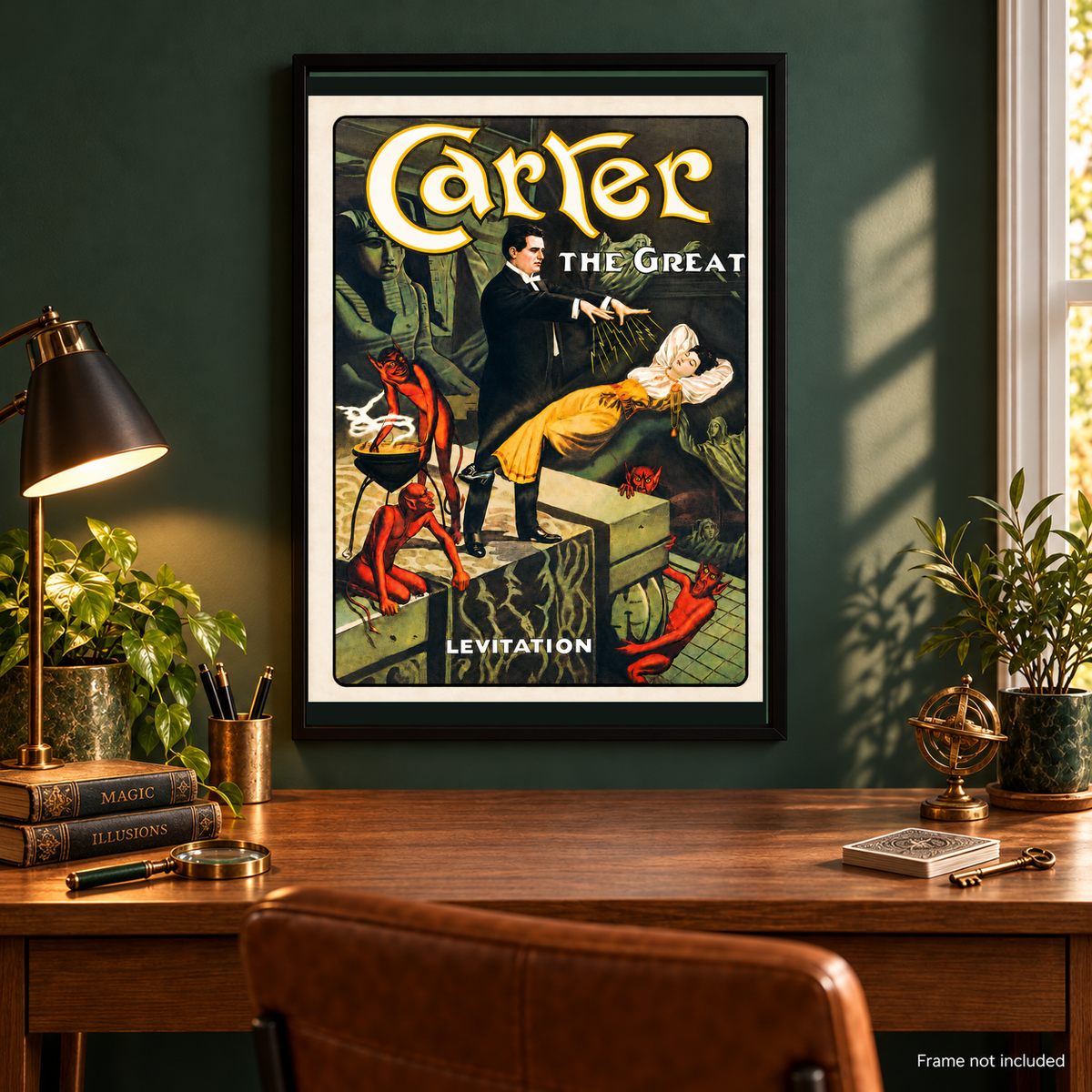 Carter the Great Levitation magician poster in a black frame above warm wooden desk, antique magic books and vintage brass decor; frame not included