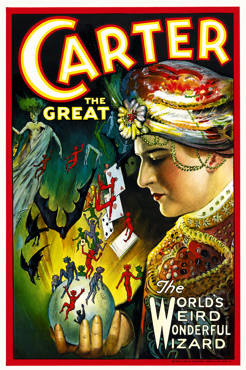Carter the Great World's Weird Wonderful Wizard vintage magician poster with magic crystal ball, fortune teller and colorful supernatural illustrations