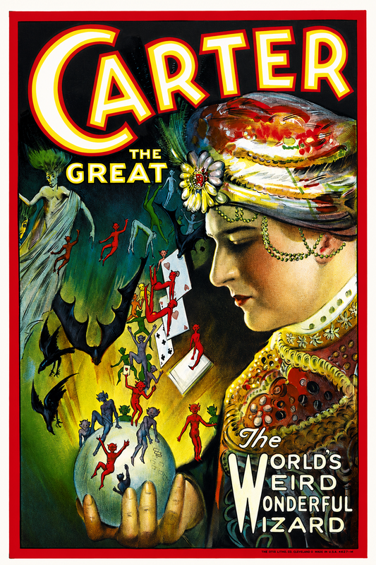 Carter the Great World's Weird Wonderful Wizard vintage magician poster with magic crystal ball, fortune teller and colorful supernatural illustrations