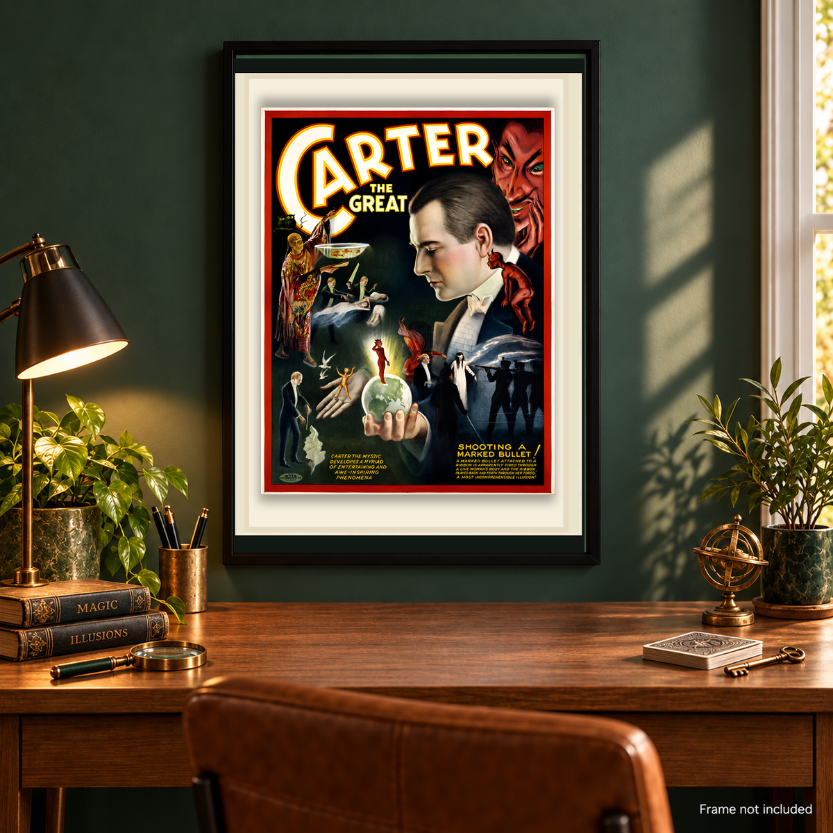 Carter the Great framed magician print in home office with vintage magic books, brass decor, and wood desk; frame not included