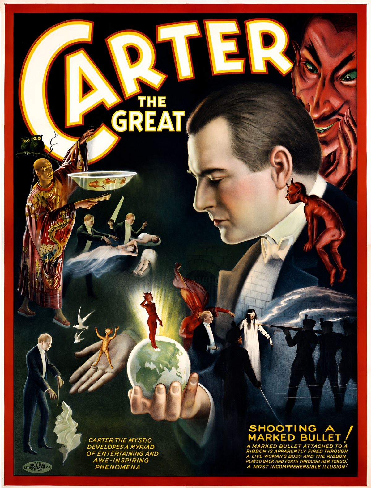 Carter the Great Shooting a Marked Bullet theatrical magician poster with vintage magical acts and striking red-gold lettering