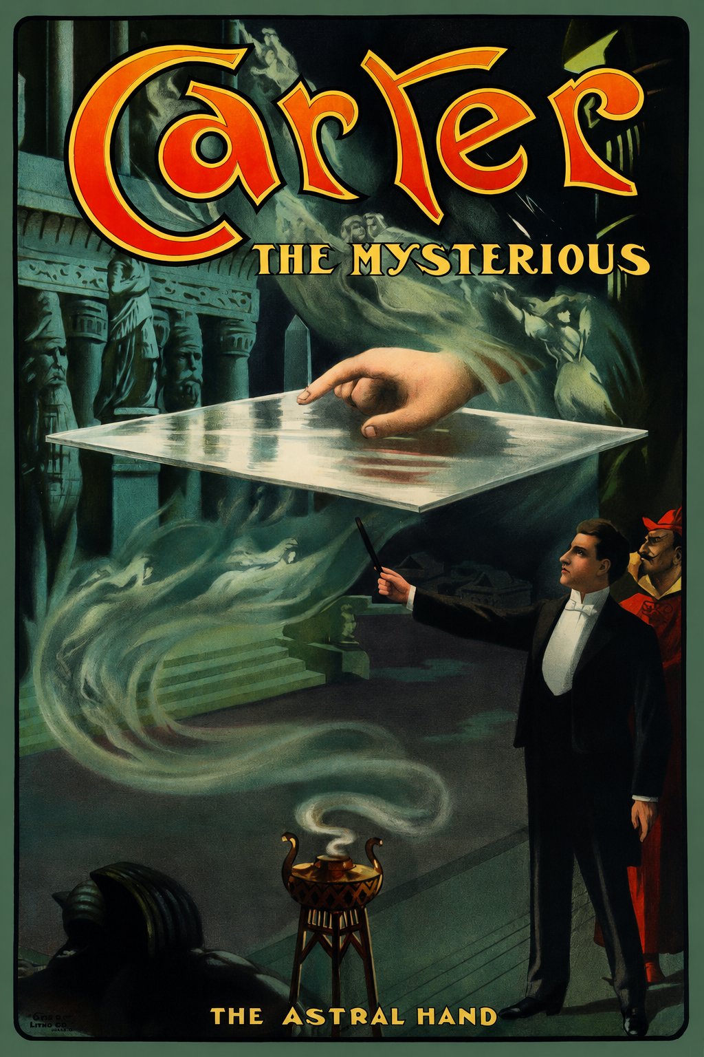 Carter the Mysterious The Astral Hand vintage stage magician poster showing a spectral hand floating over a reflective platform, smoke and dramatic green theater imagery