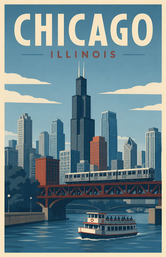 Chicago Illinois vintage retro travel poster featuring downtown skyscrapers, Willis Tower, L train and Chicago River tour boat