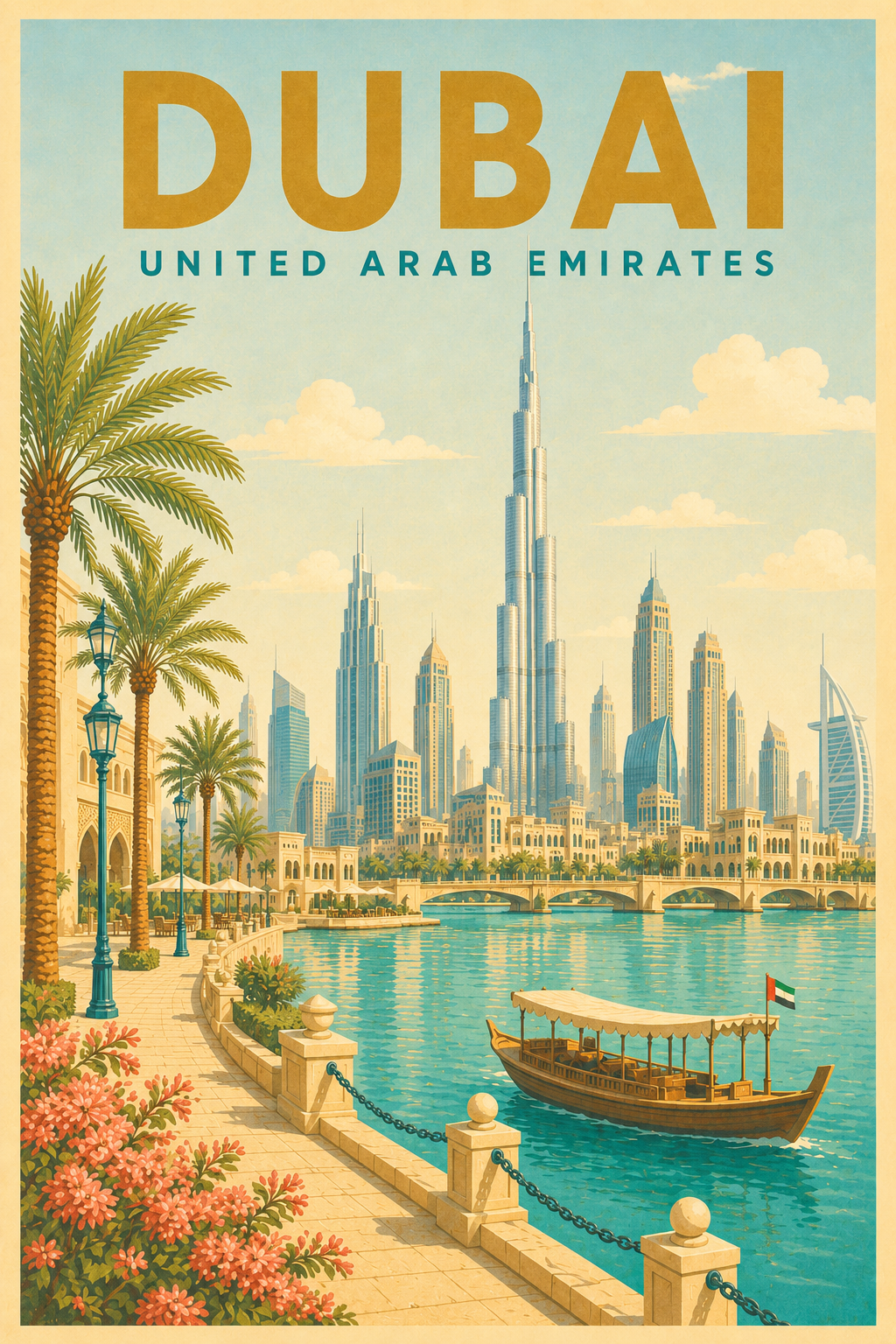 Dubai UAE retro travel poster with Burj Khalifa, Burj Al Arab, waterfront, dhow-style boat and palm trees