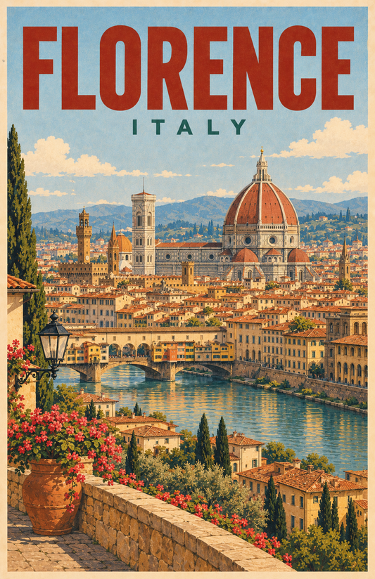 Florence Italy vintage retro travel poster featuring Duomo cathedral, Ponte Vecchio over the Arno River, terracotta rooftops, flowers and Tuscan scenery