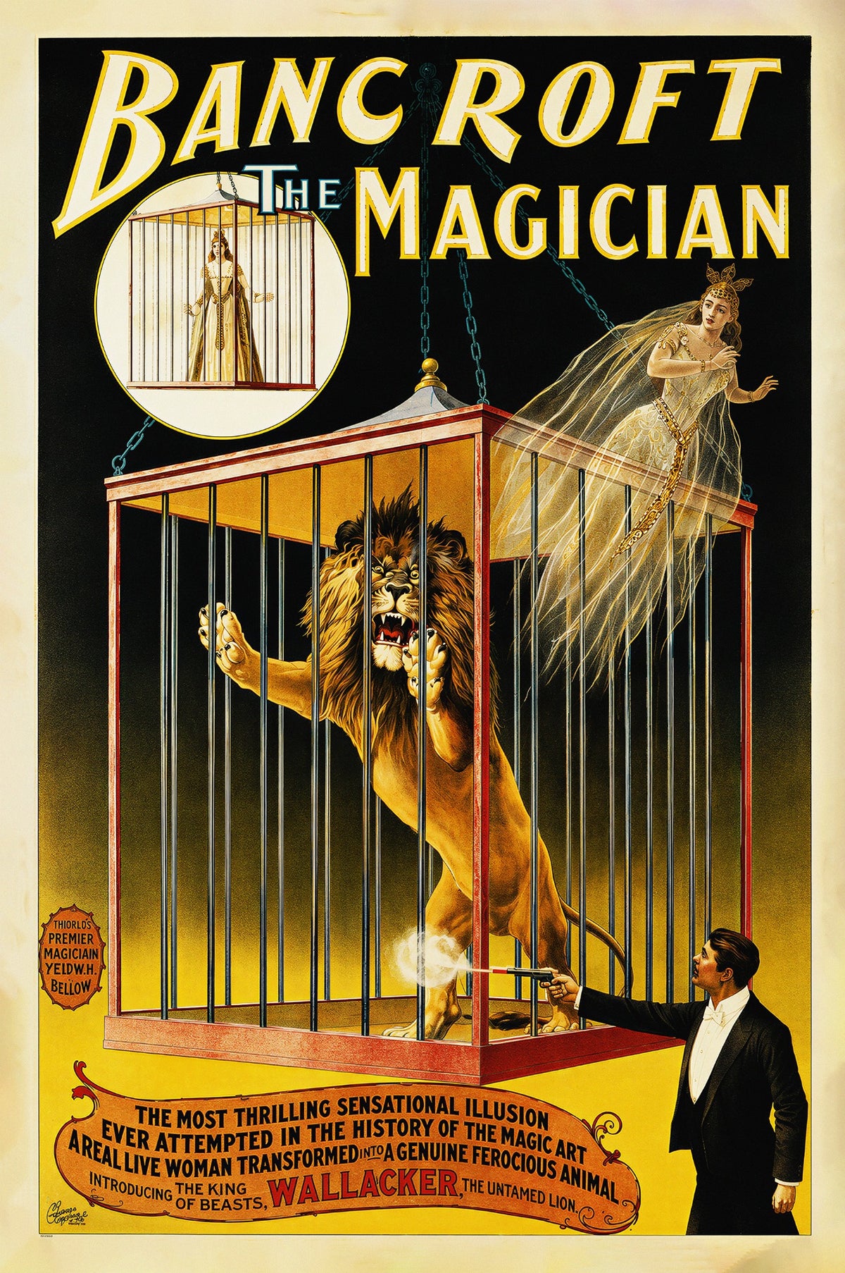 Frederick Bancroft the Magician vintage art poster depicting the Wallacker lion cage transformation illusion