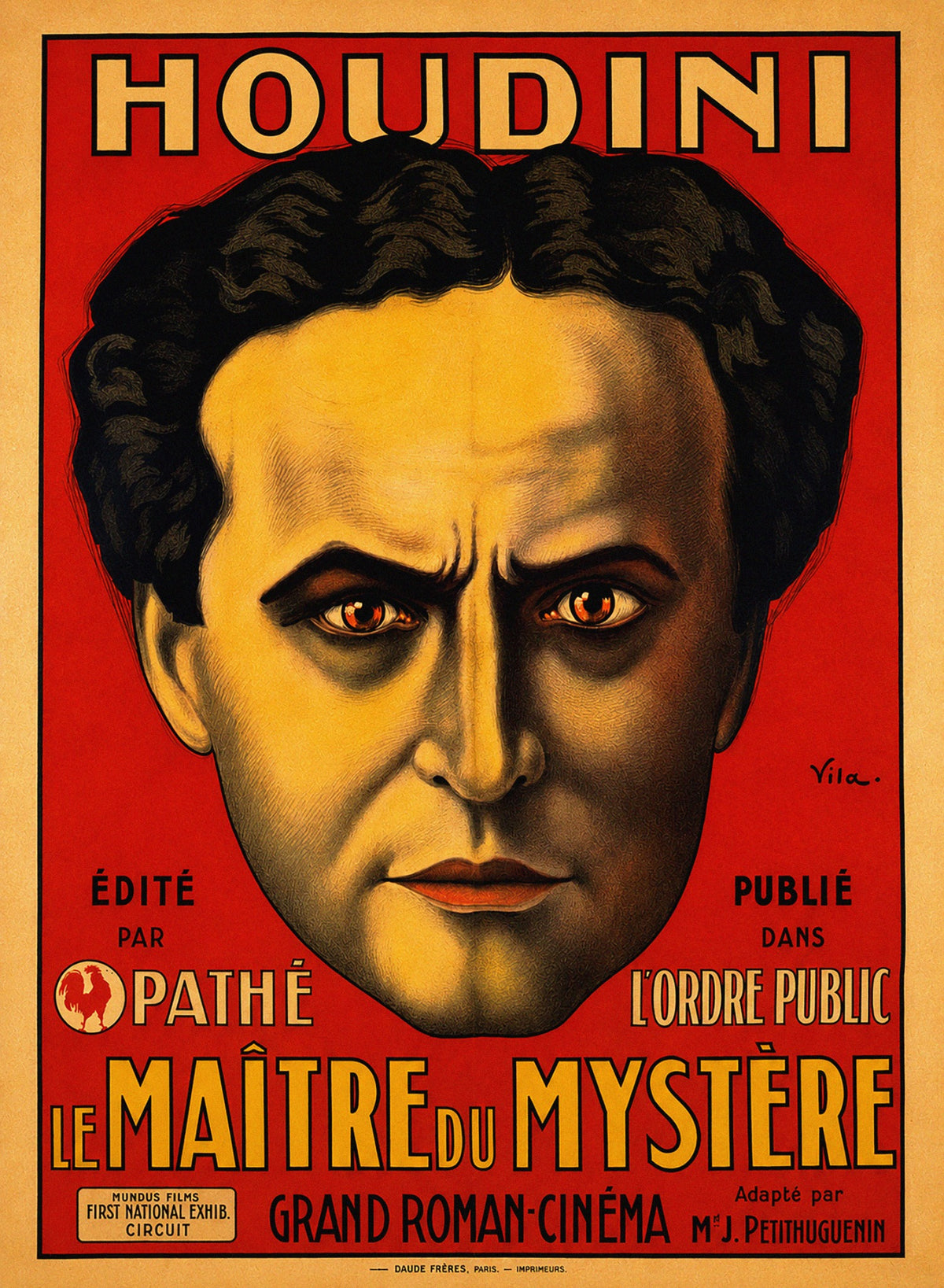 Harry Houdini Le Maître du Mystère French vintage film magic poster with bold red background and illustrated face