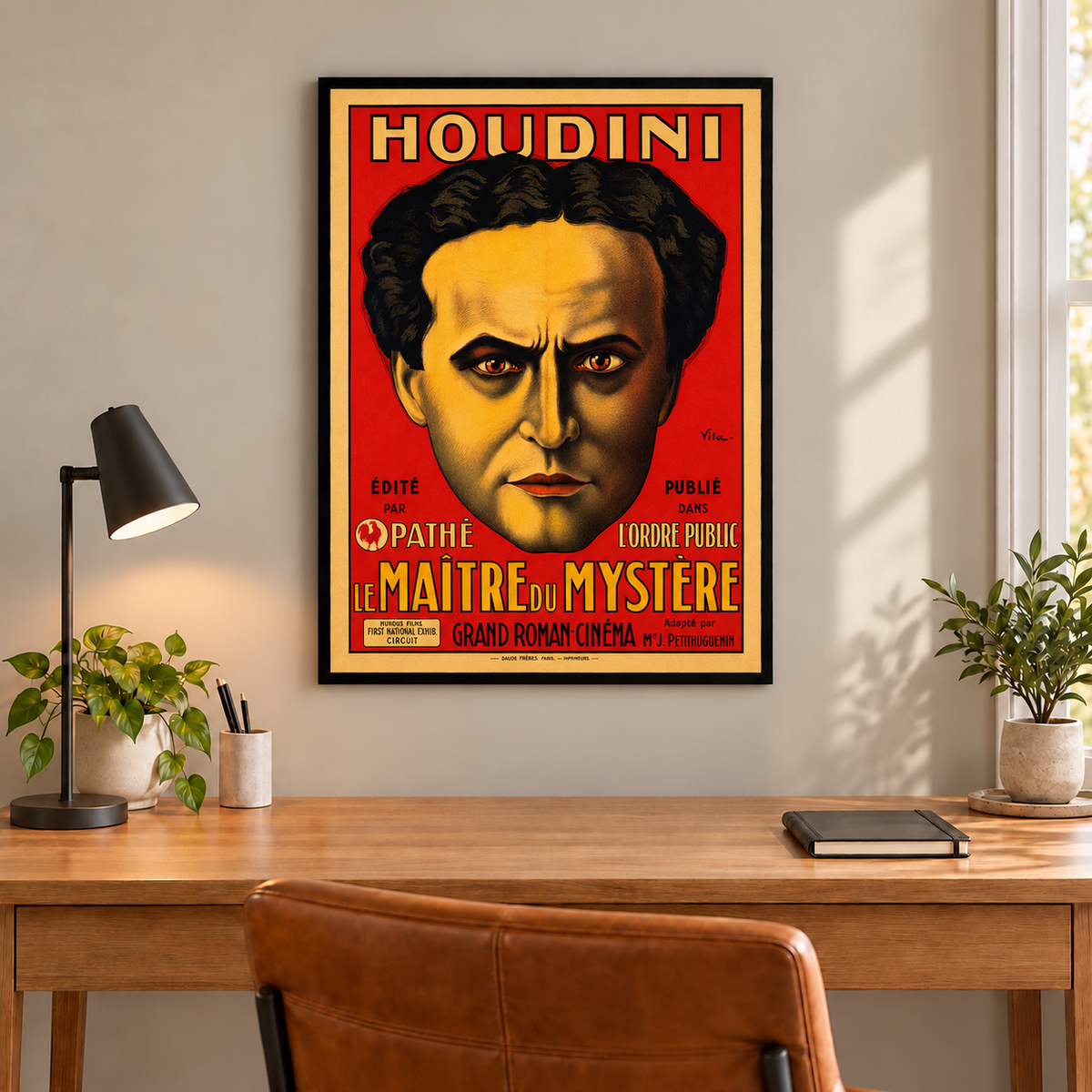 Harry Houdini Le Maître du Mystère vintage art print displayed in black frame above wooden desk in sunlit office; frame not included