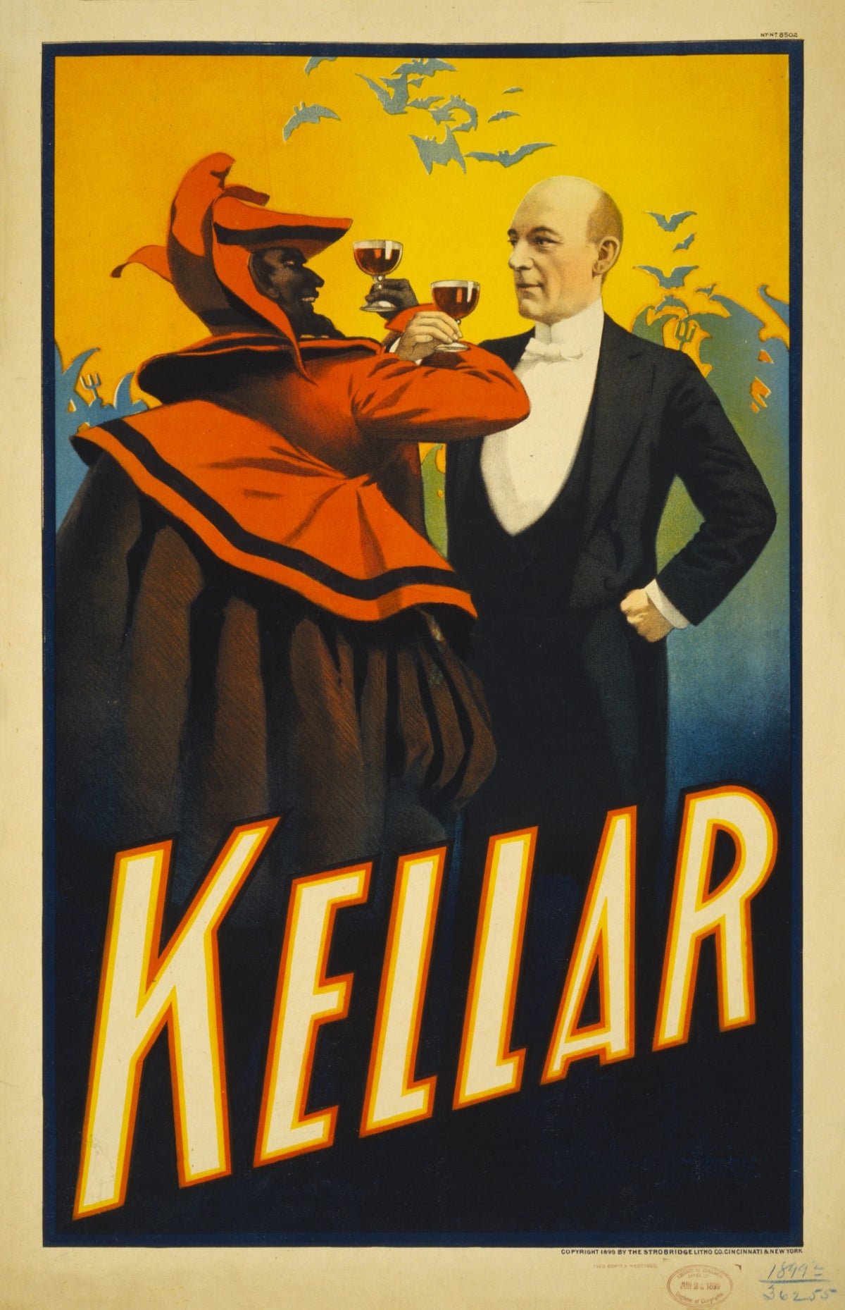 Vintage 1899 Harry Kellar magician poster, toast with red-robed mysterious figure, golden sky, bats, and large KELLAR name