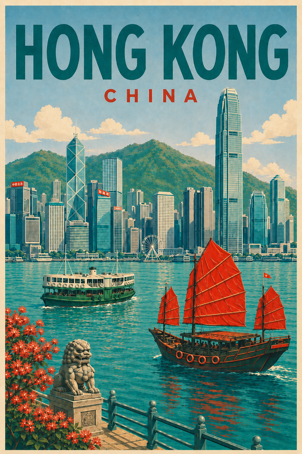 Hong Kong China retro travel poster featuring Victoria Harbour skyline, traditional red-sailed junk boat, ferry and waterfront architecture