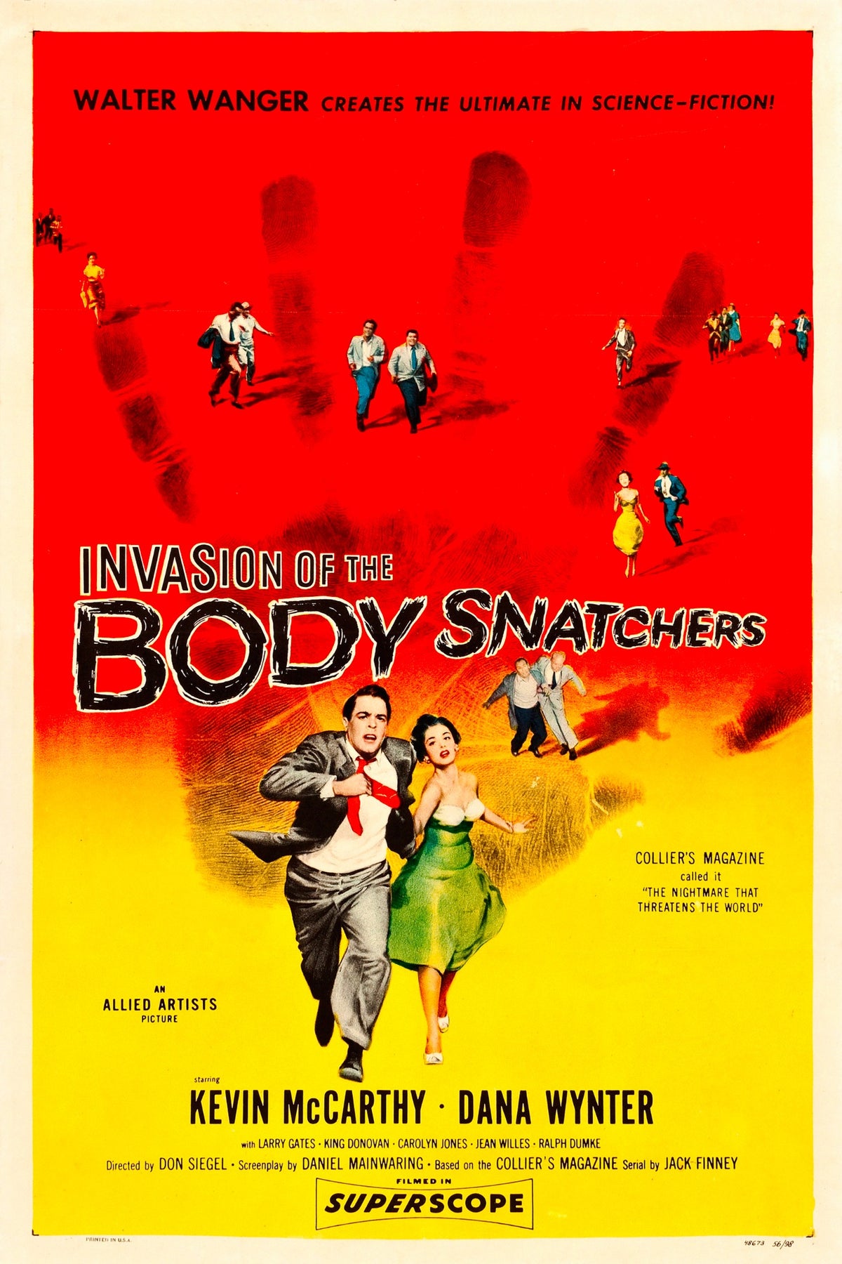 Invasion of the Body Snatchers 1956 original vintage sci-fi movie poster with red handprint and yellow background