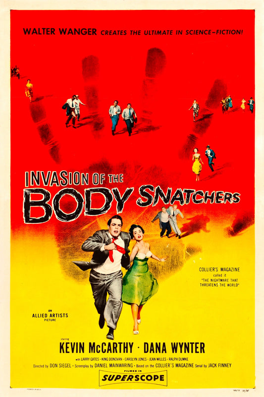 Invasion of the Body Snatchers 1956 original vintage sci-fi movie poster with red handprint and yellow background