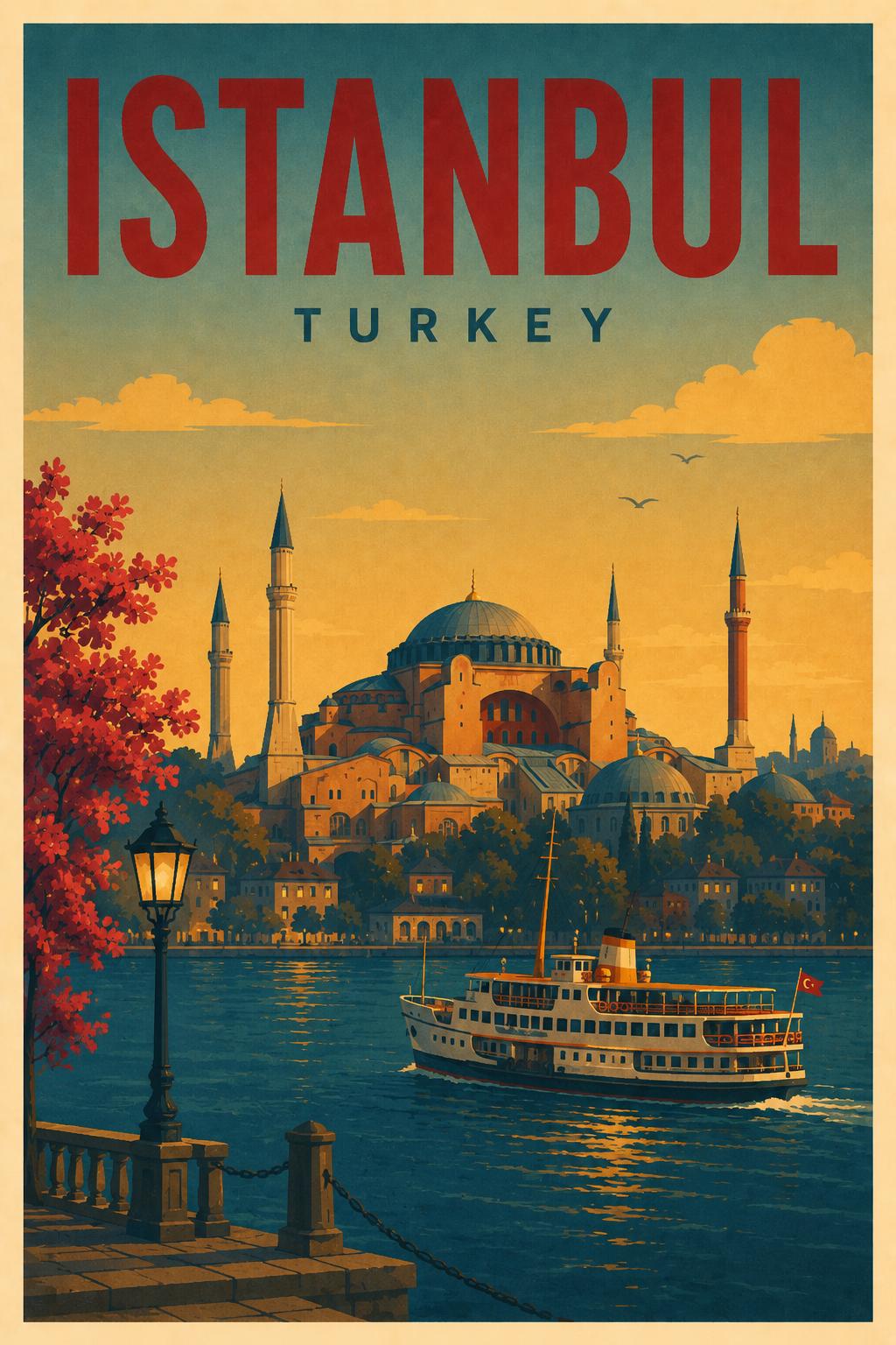 Istanbul Turkey vintage retro travel poster featuring Hagia Sophia, Bosphorus ferry, waterfront and golden sunset