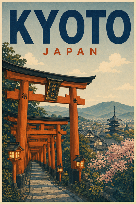 Kyoto Japan retro travel poster with Fushimi Inari torii gates, lanterns, Japanese pagoda and cherry blossoms