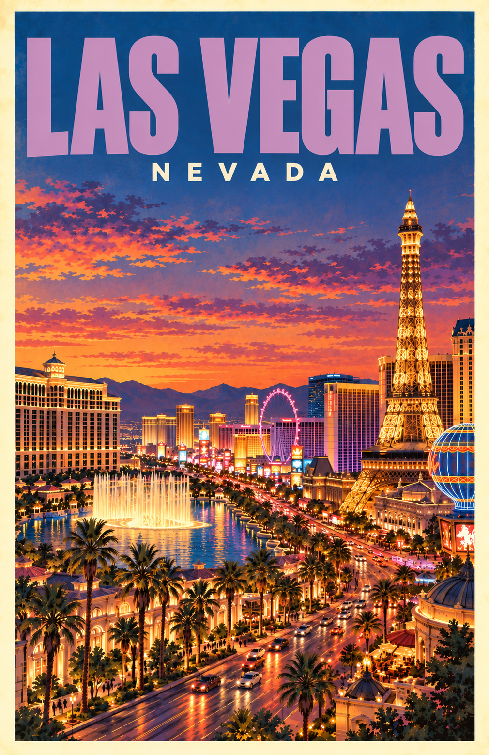 Las Vegas Nevada retro travel poster with glowing Strip, illuminated Eiffel Tower replica, fountains, neon lights and sunset sky