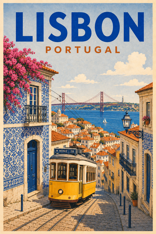 Lisbon Portugal vintage retro travel poster showing yellow tram 28, azulejo tile buildings, cobblestone street, terracotta rooftops and 25 de Abril Bridge