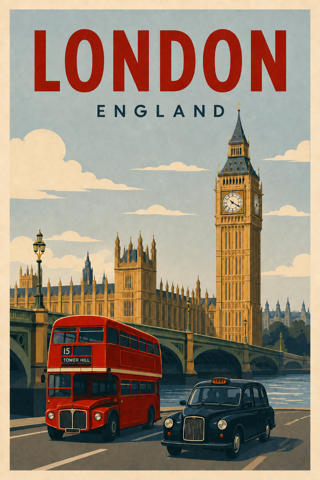 London England vintage travel poster featuring Big Ben, Palace of Westminster, red double-decker bus, black taxi and Westminster Bridge