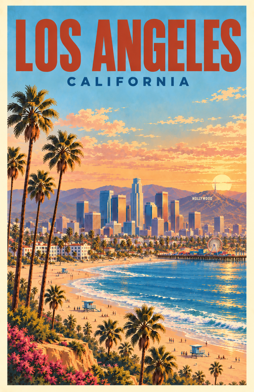 Los Angeles California retro travel poster showing Santa Monica beach and pier, palm trees, downtown skyline, Hollywood sign and colorful sunset