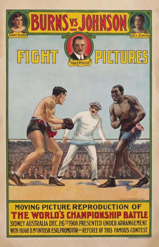 Tommy Burns vs. Jack Johnson 1908 Boxing Poster Reproduction – World Heavyweight Championship Fight Print