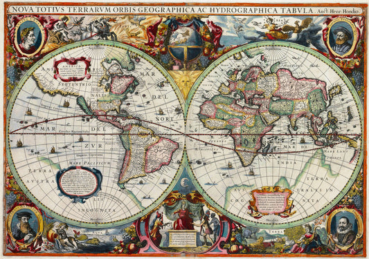 Antique Map of the World – 1630 Hondius Double Hemisphere Reproduction Wall Art High quality print