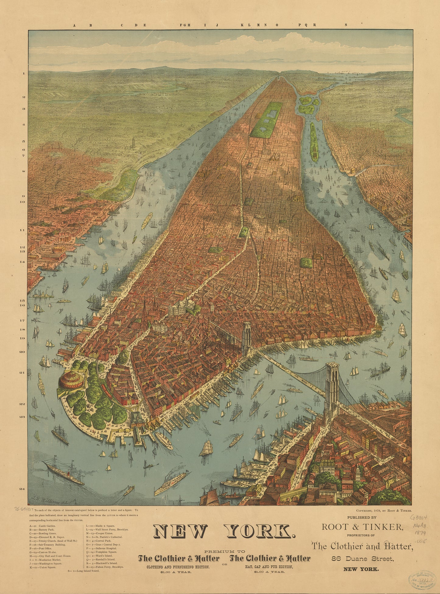 New York City Map (1879) – Vintage Manhattan Bird’s-Eye View Reproduction Wall Art Print (Historic Cartography)