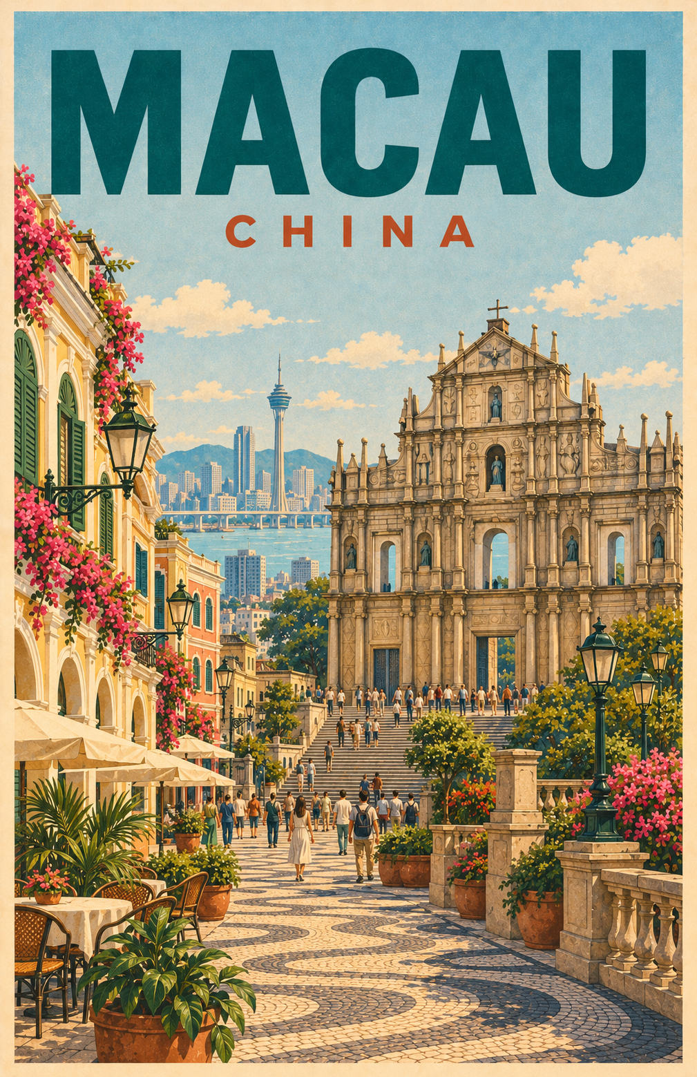 Macau China vintage retro travel poster with Ruins of St Paul's, patterned Portuguese mosaic pavement, colonial architecture, flowers and Macau Tower