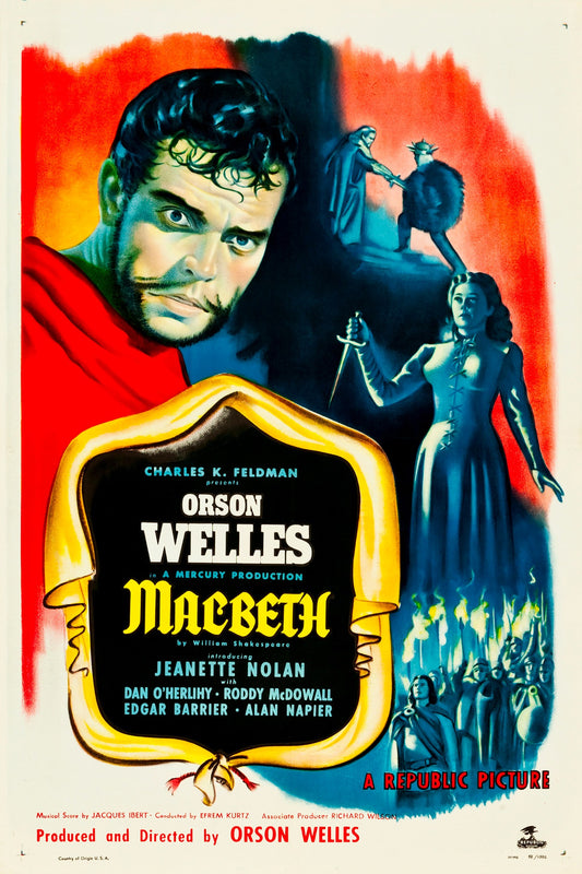 Macbeth 1948 vintage Orson Welles movie poster with expressive green and blue figures and red theatrical lettering