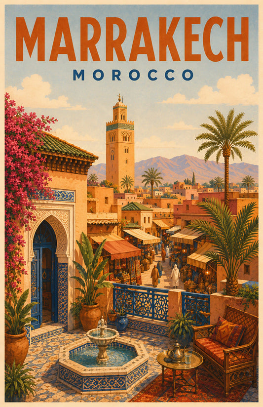 Marrakech Morocco retro travel poster featuring a colorful medina, minaret, fountain, Moroccan tiled courtyard and palms
