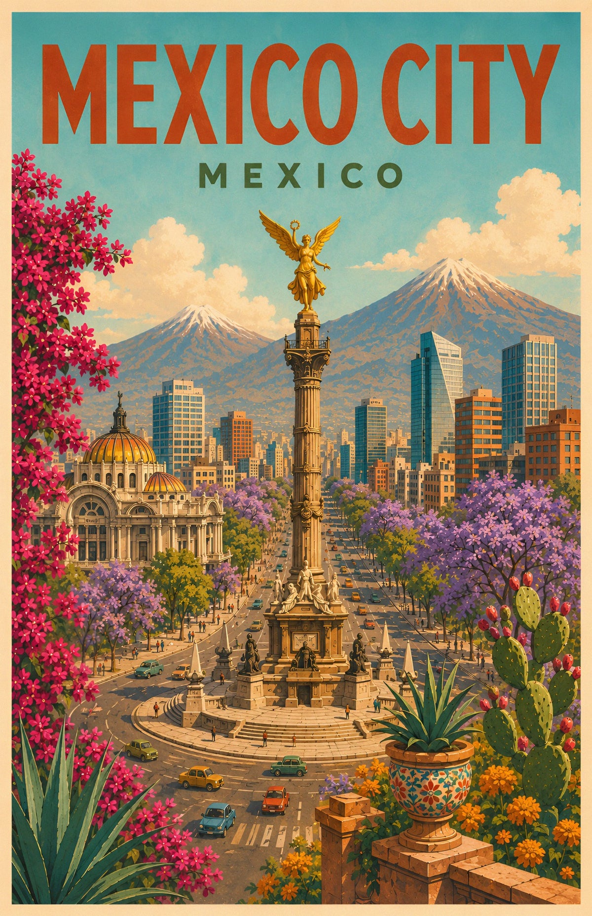 Mexico City Mexico retro travel poster with Angel of Independence, Palacio de Bellas Artes, jacaranda flowers and city skyline