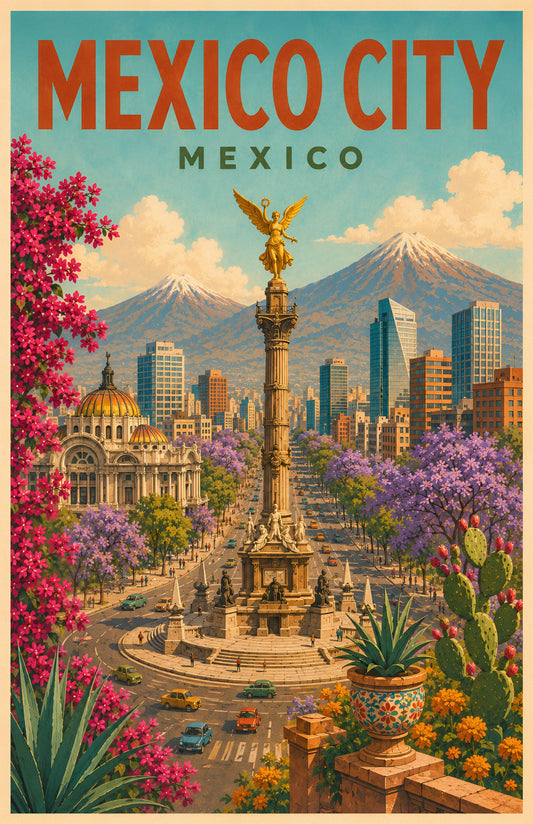 Mexico City Mexico retro travel poster with Angel of Independence, Palacio de Bellas Artes, jacaranda flowers and city skyline